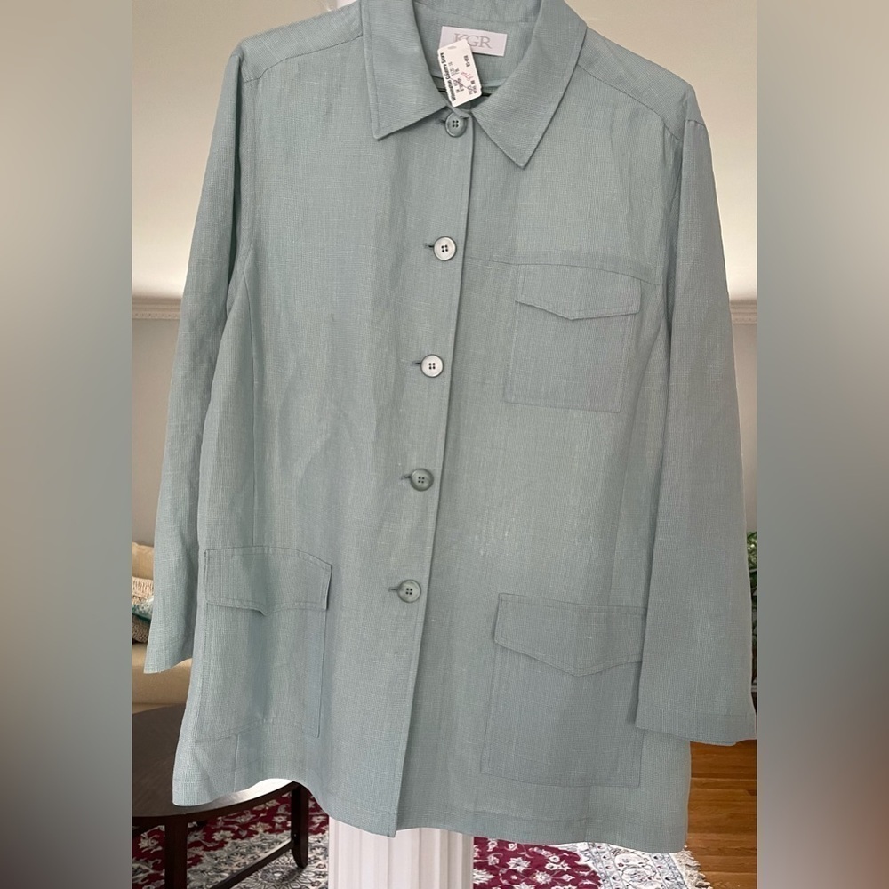 K  G R jacket/ blazer women, mint green long shirt/ jacket size 16 cotton